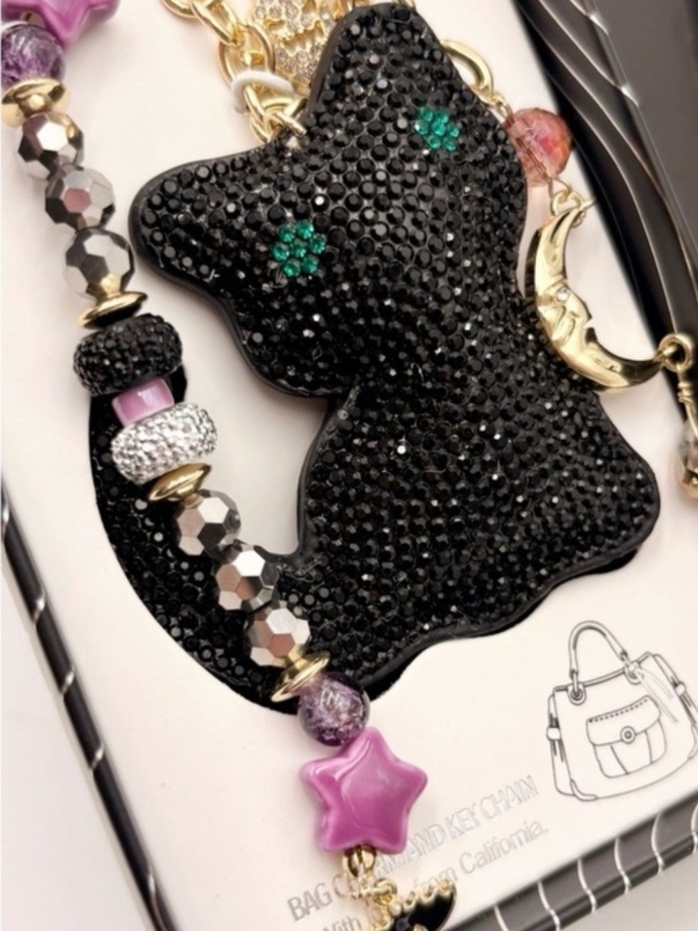 🐈⬛▪️Eye Candy ▪️Los Angeles Black Rhinestone Cat Bag Charm Keychain Moon Star - Picture 3 of 5